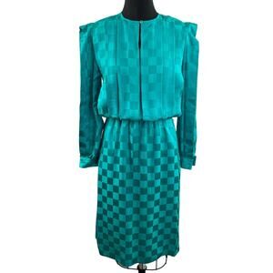 Vintage ARGENTI Green Check Printed Pure Silk Long Sleeve Blouson Dress VTG 8